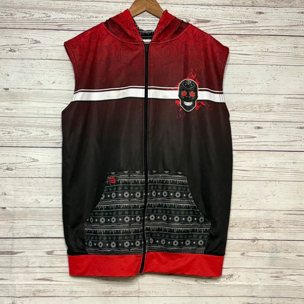 Game Gear Mens Sugar Skull Sleeveless Full Zip Hoodie Red Black Ombre Vest MD‎